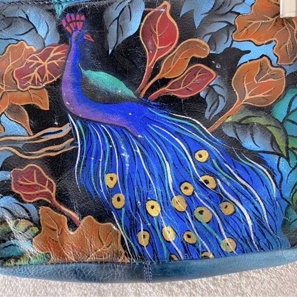 Vintage 90’s Biacci Hand Painted Peacock On Leather Crossbody Shoulder Bag Purse - Picture 10 of 16